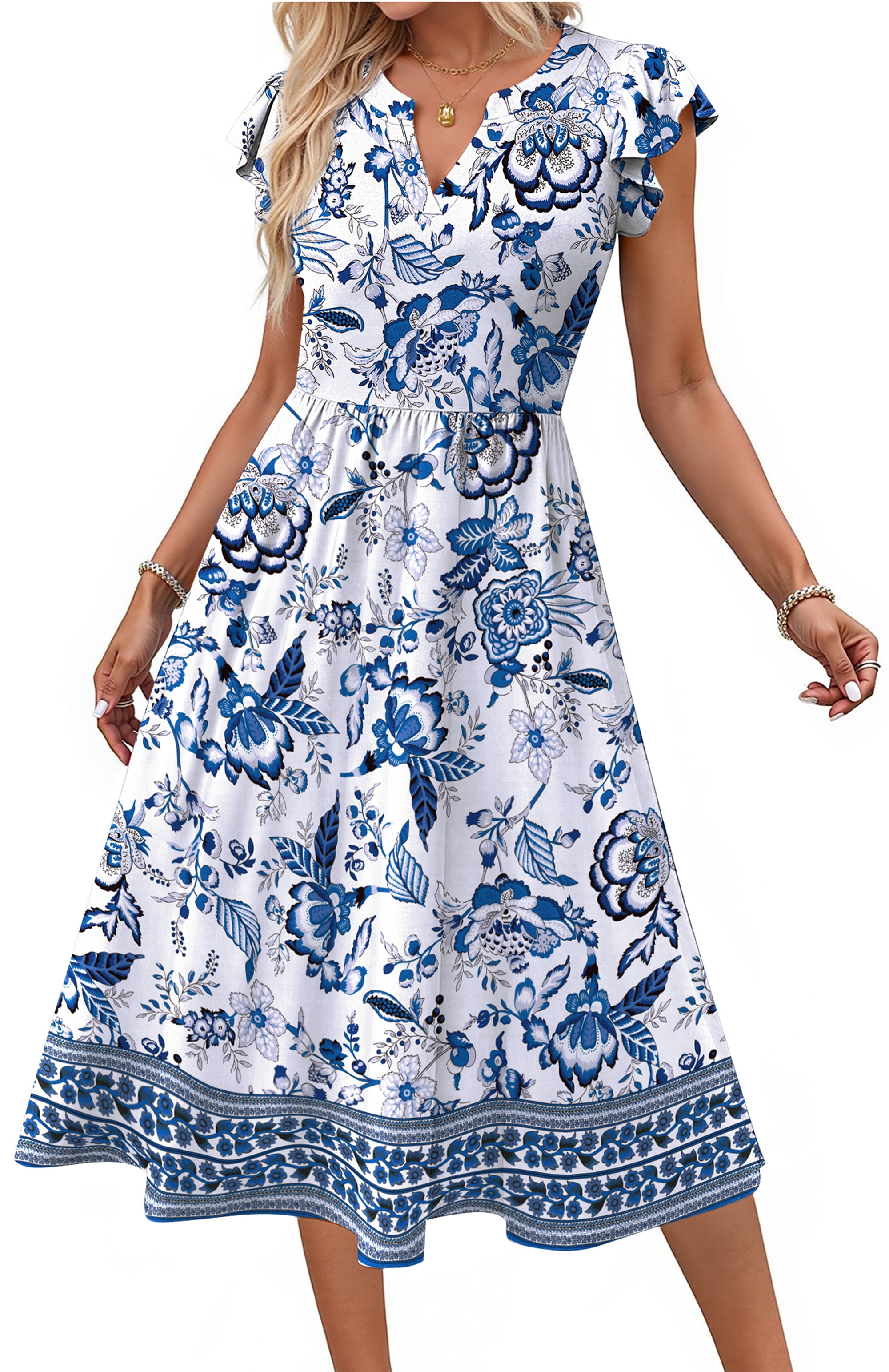Fantaslook Summer Dresses for Women Ruffle Sleeve V Neck Midi Dresses  Fashion Casual Flowy Vacation Sundress - Walmart.com