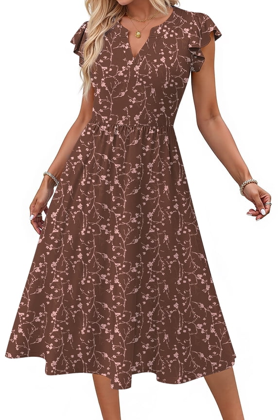 Summer Dresses for Women Ruffle Sleeve V Neck Midi Dresses Fashion Casual Flowy Vacation Sundress