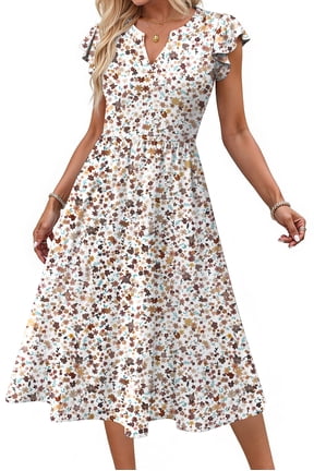 Summer Dresses for Women Ruffle Sleeve V Neck Midi Dresses Fashion Casual Flowy Vacation Sundress
