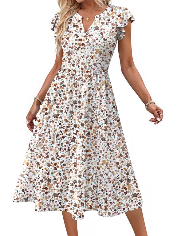 Summer Dresses for Women Ruffle Sleeve V Neck Midi Dresses Fashion Casual Flowy Vacation Sundress