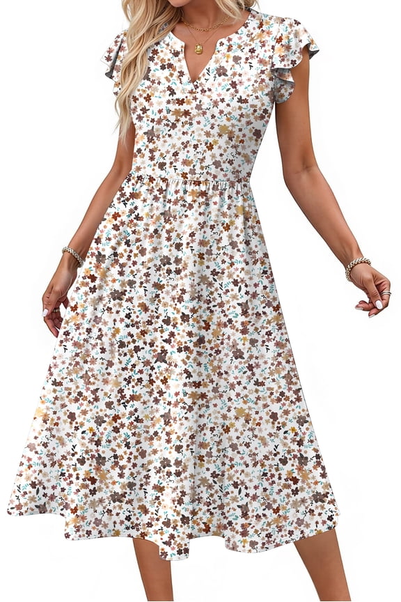 Summer Dresses for Women Ruffle Sleeve V Neck Midi Dresses Fashion Casual Flowy Vacation Sundress