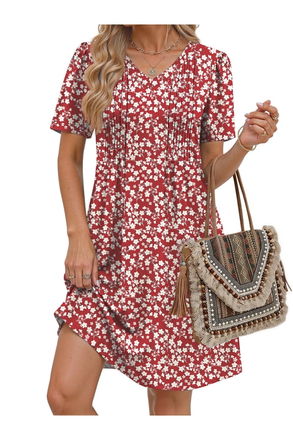 Summer Dresses for Women Short Sleeve Pleated V Neck Dress A Line Casual Tunic Dresses with Pockets