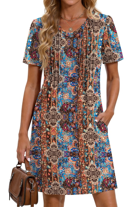 Summer Dresses for Women Short Sleeve Pleated V Neck Dress A Line Casual Tunic Dresses with Pockets
