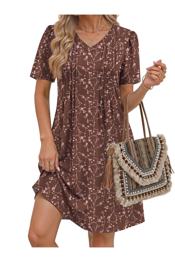 Summer Dresses for Women Short Sleeve Pleated V Neck Dress A Line Casual Tunic Dresses with Pockets