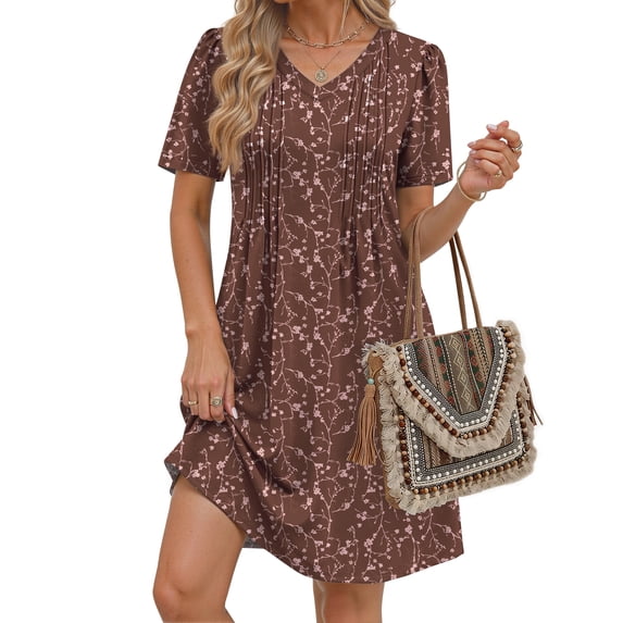 Fantaslook Summer Dresses for Women Short Sleeve Pleated V Neck Dress A Line Casual Tunic Dresses with Pockets