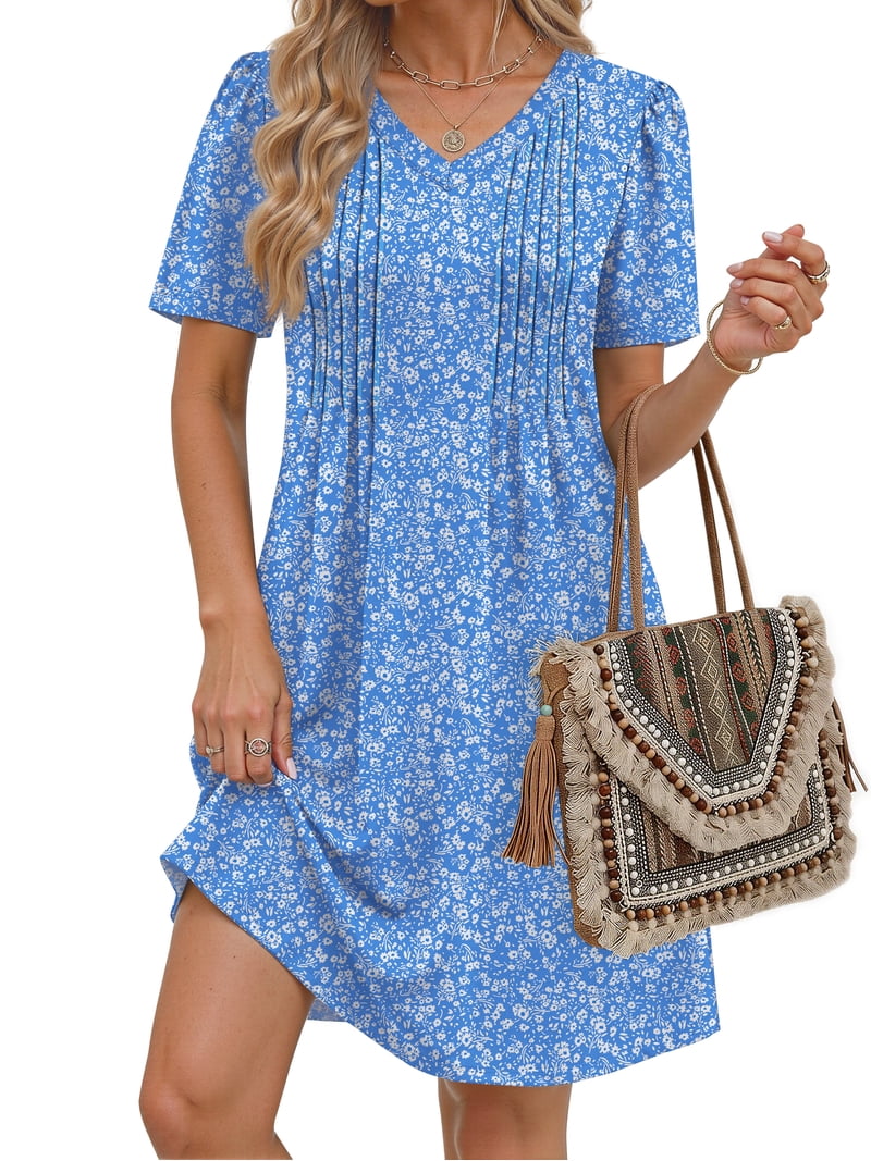 Fantaslook Summer Dresses for Women Short Sleeve Pleated V Neck Dress A Line Casual Tunic Dresses with Pockets