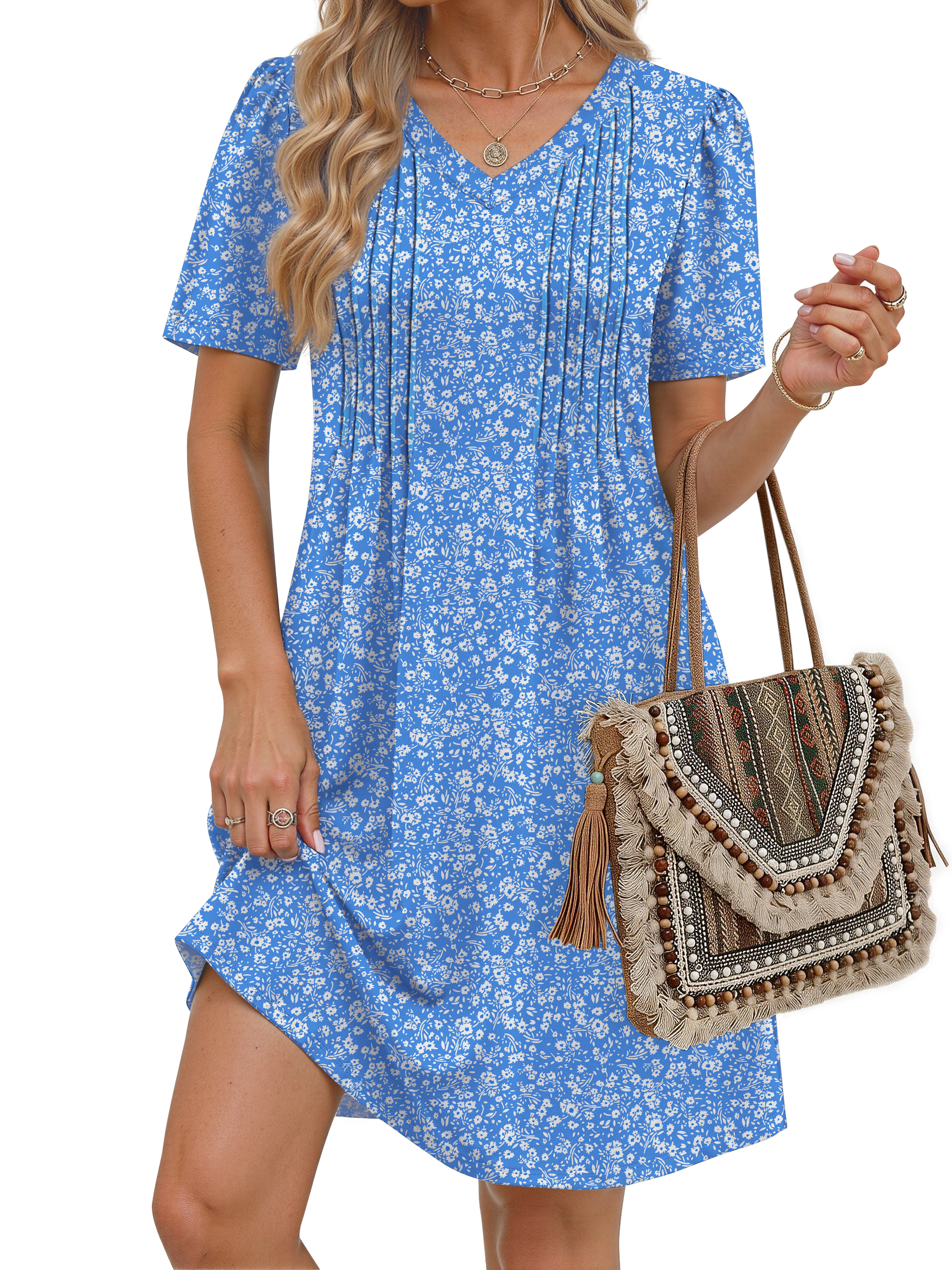 Fantaslook Summer Dresses For Women Short Sleeve Pleated V Neck Dress A Line Casual Tunic Dresses With Pockets: Shop With Context