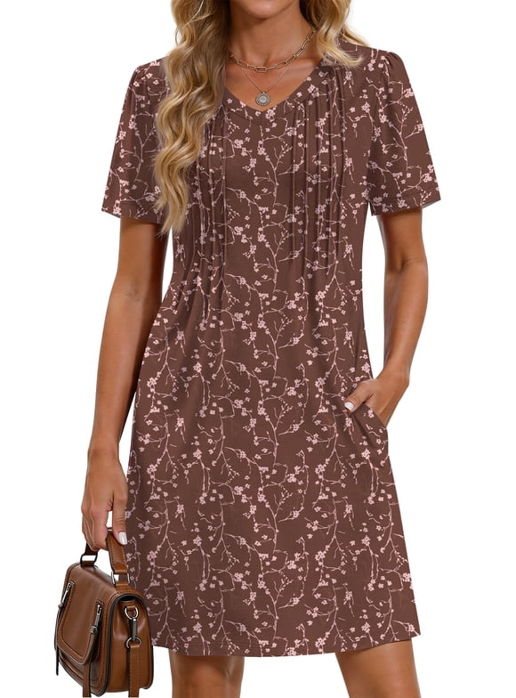 Summer Dresses for Women Short Sleeve Pleated V Neck Dress A Line Casual Tunic Dresses with Pockets