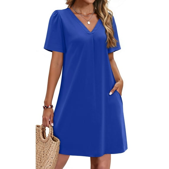 Fantaslook Summer Dresses for Women Short Sleeve V Neck Casual Shift Dress with Pockets