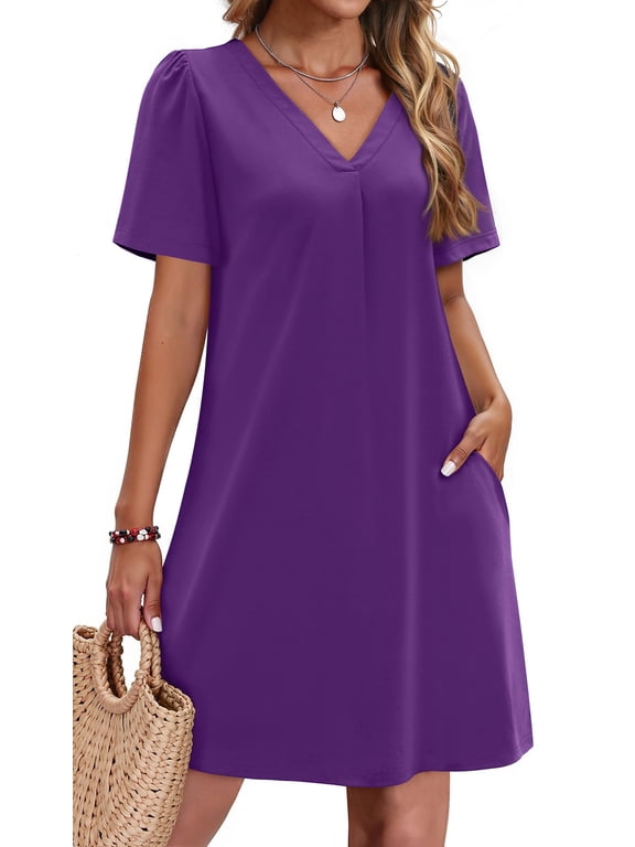 Summer Dresses for Women Short Sleeve V Neck Casual Shift Dress with Pockets