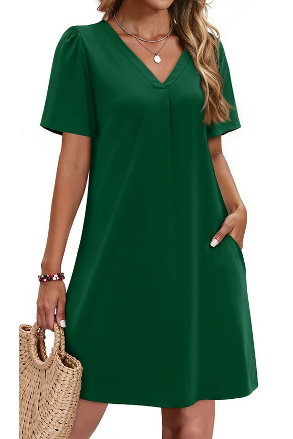 Summer Dresses for Women Short Sleeve V Neck Casual Shift Dress with Pockets