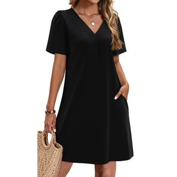 Fantaslook Summer Dresses for Women Short Sleeve V Neck Casual Shift Dress with Pockets