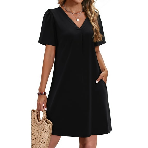 Fantaslook Summer Dresses for Women Short Sleeve V Neck Casual Shift Dress with Pockets