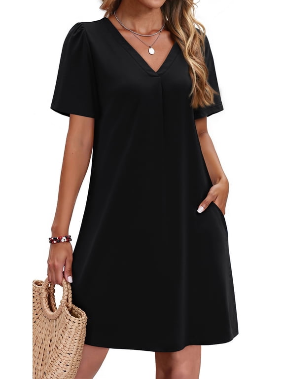 Summer Dresses for Women Short Sleeve V Neck Casual Shift Dress with Pockets