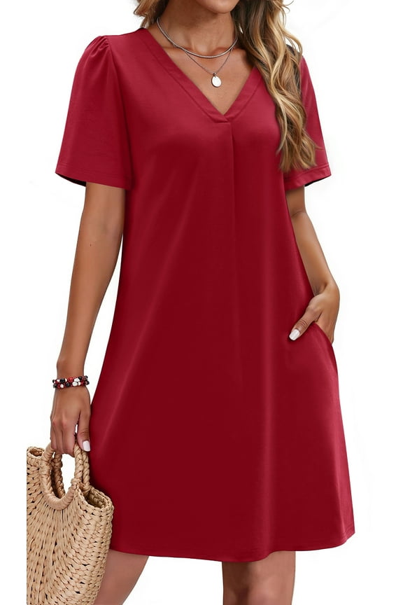 Summer Dresses for Women Short Sleeve V Neck Casual Shift Dress with Pockets