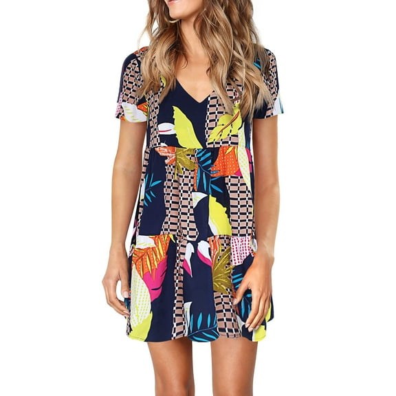 Fantaslook Summer Dresses for Women V Neck Casual Loose Flowy Swing Shift Dress