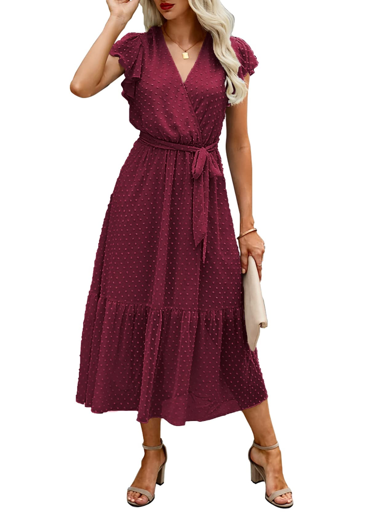 Fantaslook Summer Dresses for Women V Neck Ruffle Sleeve Midi Sun Dress ...