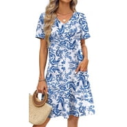 Fantaslook Summer Dresses for Women V Neck Short Sleeve Casual T-Shirt Dress Beach Sundresses with Pockets
