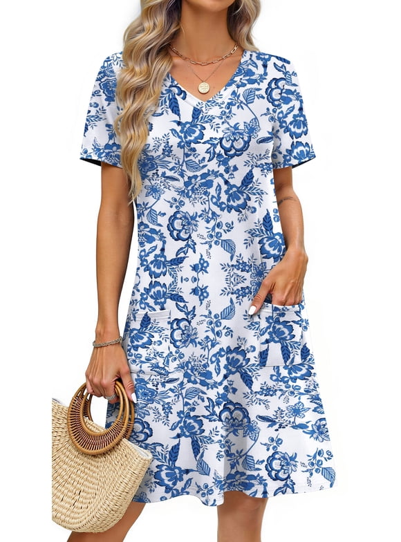 Summer Dresses for Women V Neck Short Sleeve Casual T Shirt Dress Beach Sundresses with Pockets