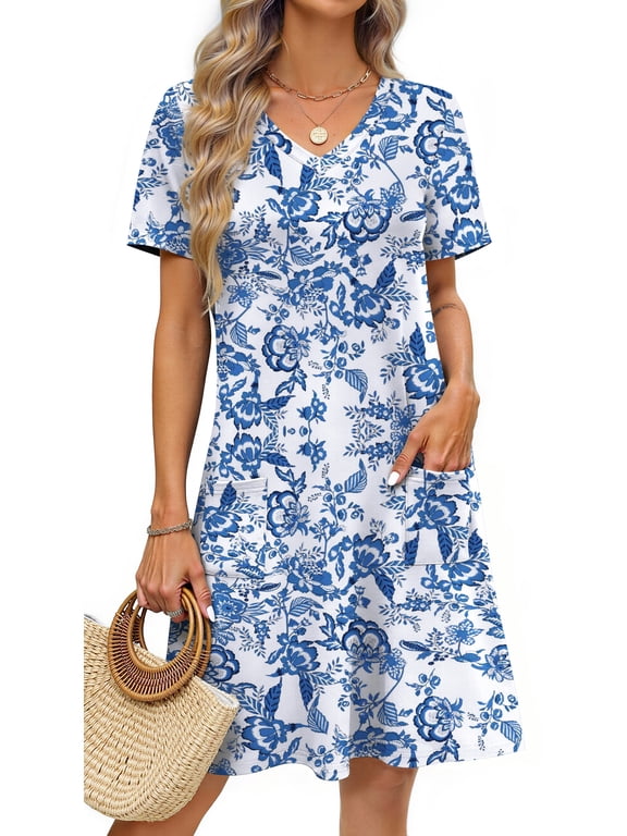 Summer Dresses for Women V Neck Short Sleeve Casual T Shirt Dress Beach Sundresses with Pockets
