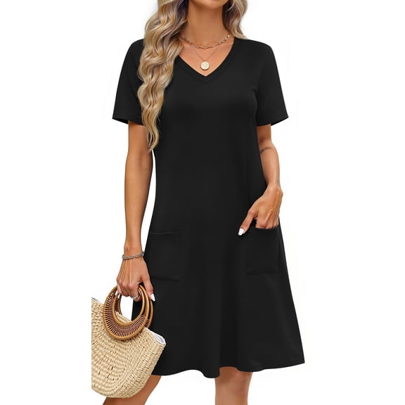 Fantaslook Summer Dresses for Women V Neck Short Sleeve Casual T Shirt Dress Beach Sundresses with Pockets