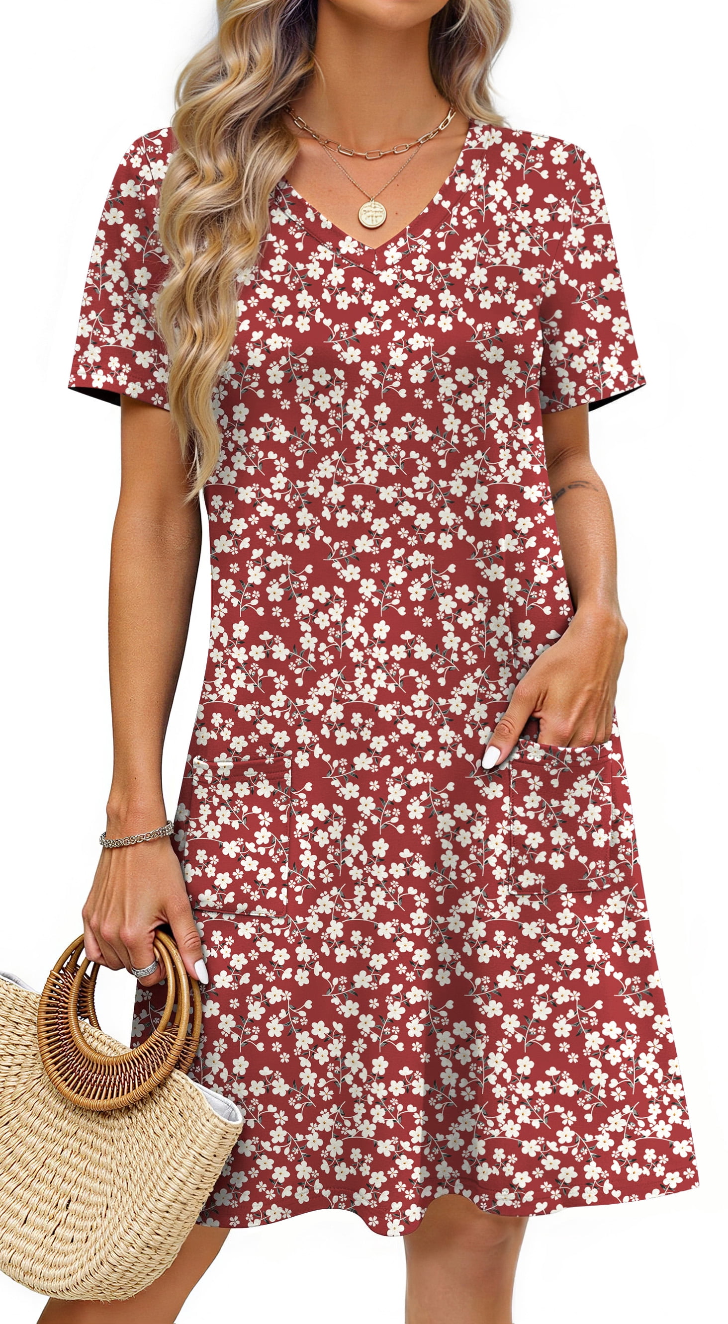 Fantaslook Summer Dresses for Women V Neck Short Sleeve Casual T Shirt ...