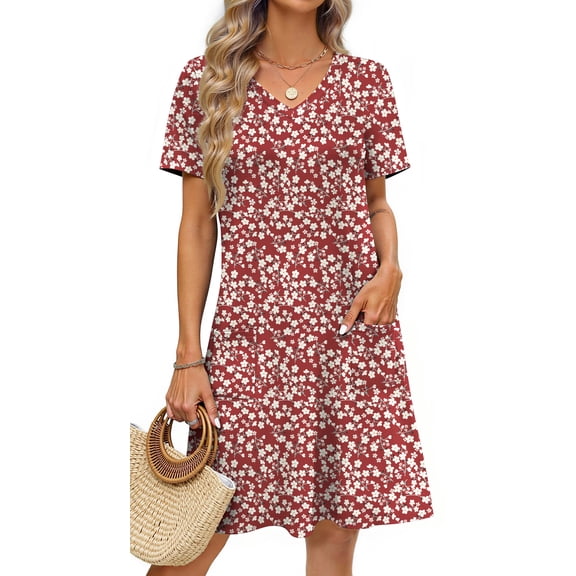 Fantaslook Summer Dresses for Women V Neck Short Sleeve Casual T Shirt Dress Beach Sundresses with Pockets