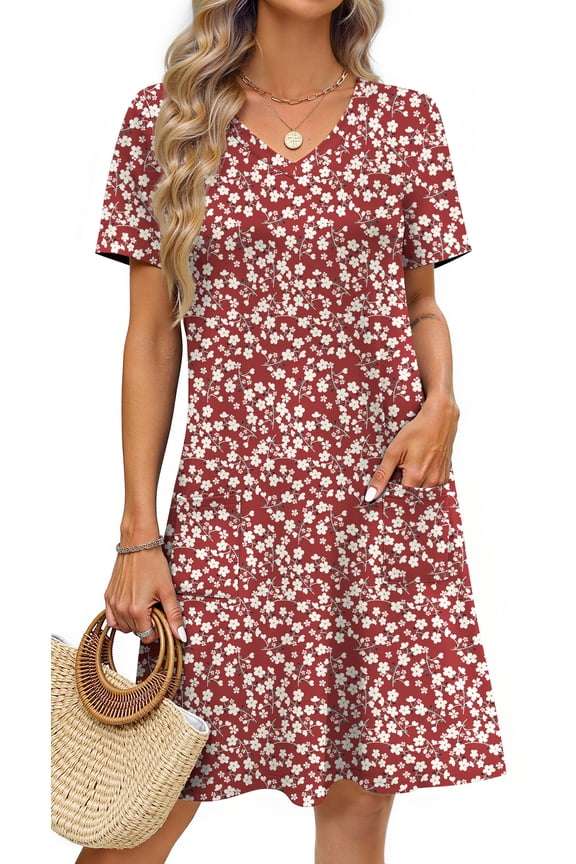 Summer Dresses for Women V Neck Short Sleeve Casual T Shirt Dress Beach Sundresses with Pockets