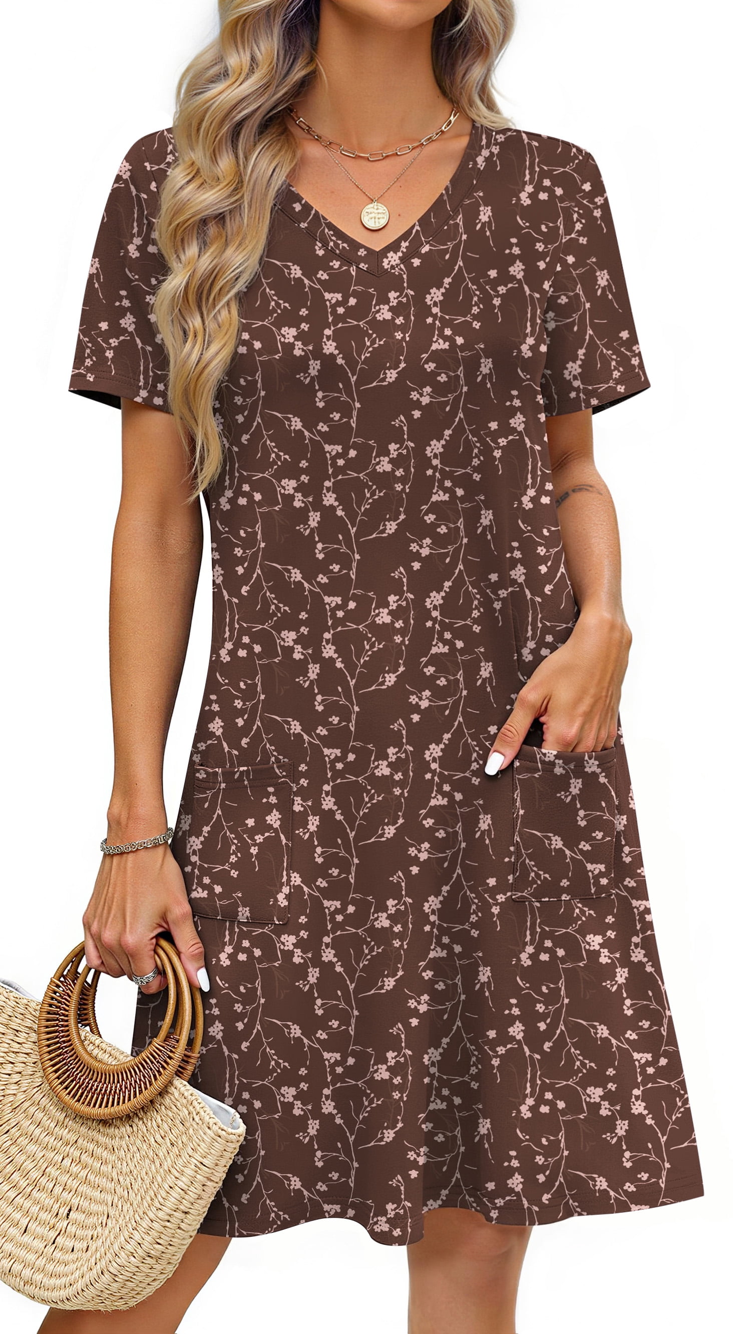 Fantaslook Summer Dresses for Women V Neck Short Sleeve T Shirt Dress ...
