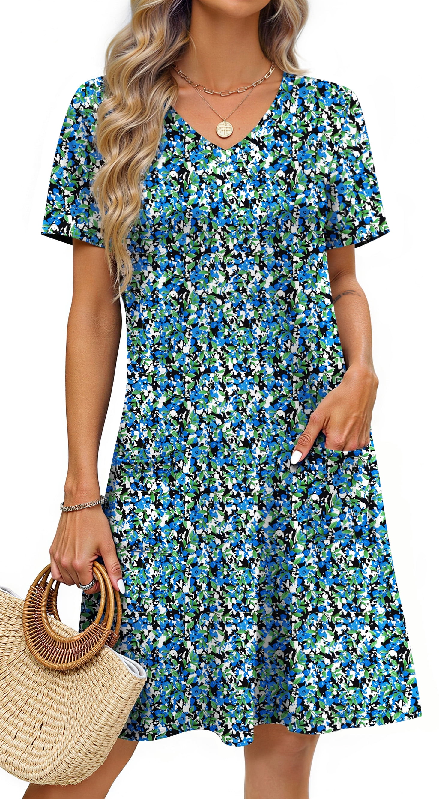 Fantaslook Summer Dresses for Women V Neck Short Sleeve Casual T Shirt ...