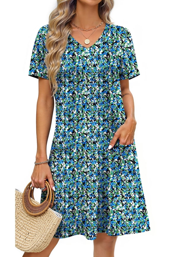 Summer Dresses for Women V Neck Short Sleeve Casual T Shirt Dress Beach Sundresses with Pockets