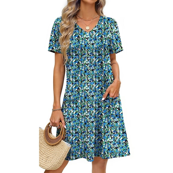 Fantaslook Summer Dresses for Women V Neck Short Sleeve Casual T Shirt Dress Beach Sundresses with Pockets