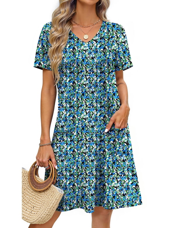 Summer Dresses for Women V Neck Short Sleeve Casual T Shirt Dress Beach Sundresses with Pockets