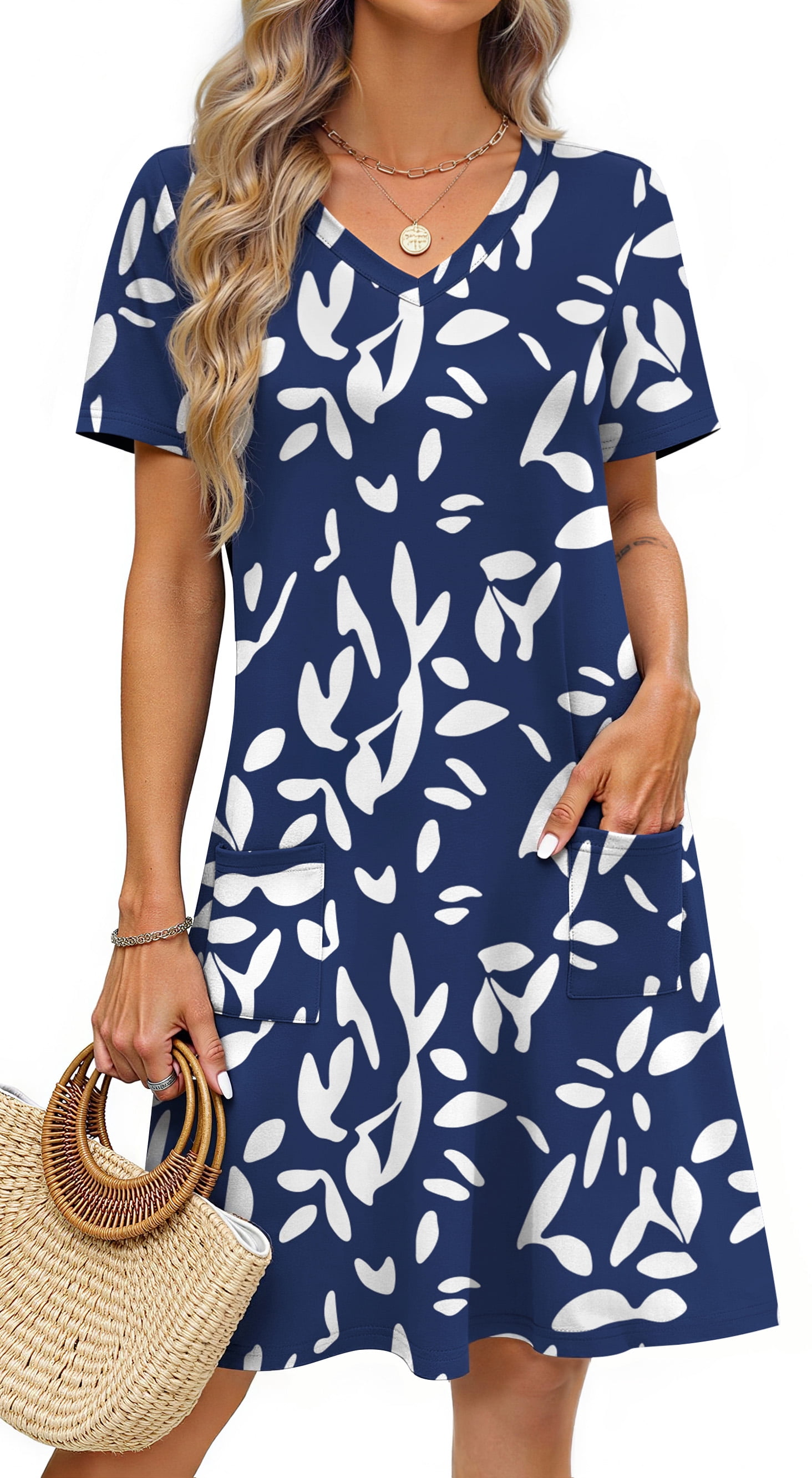 Fantaslook Summer Dresses for Women V Neck Short Sleeve Casual T Shirt ...