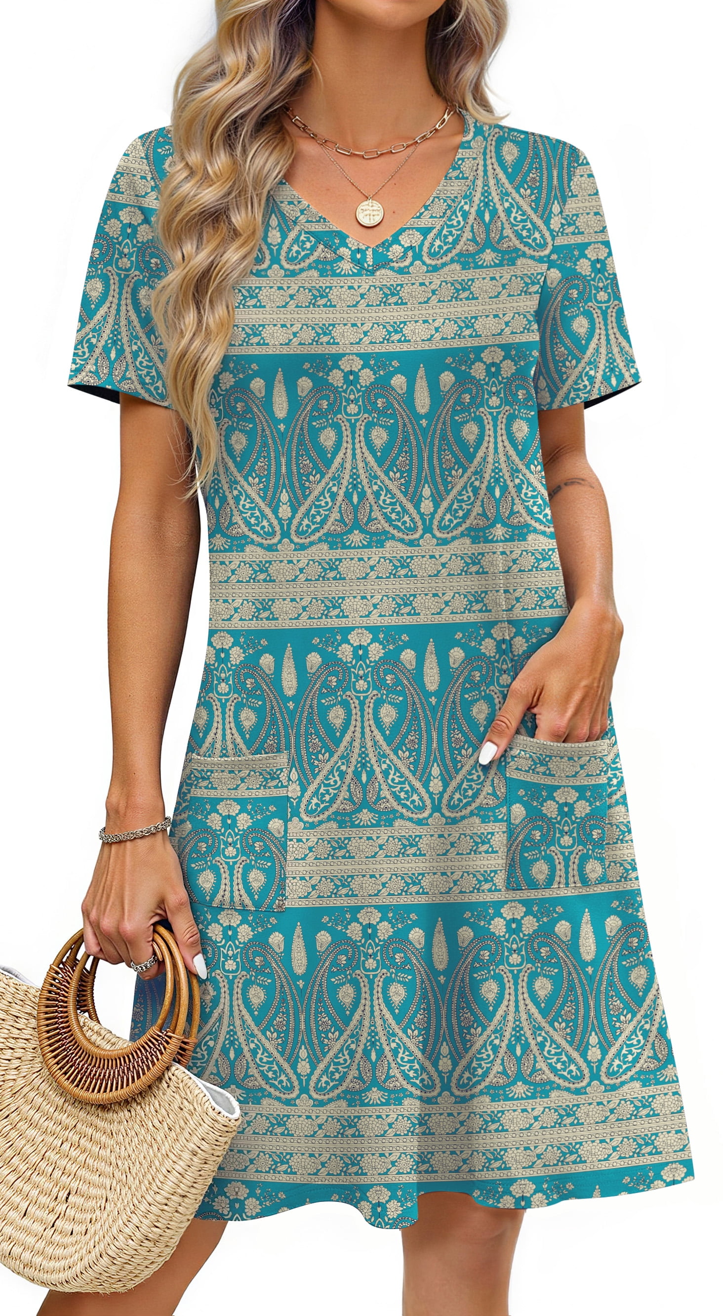 Fantaslook Summer Dresses for Women V Neck Short Sleeve Casual T Shirt ...
