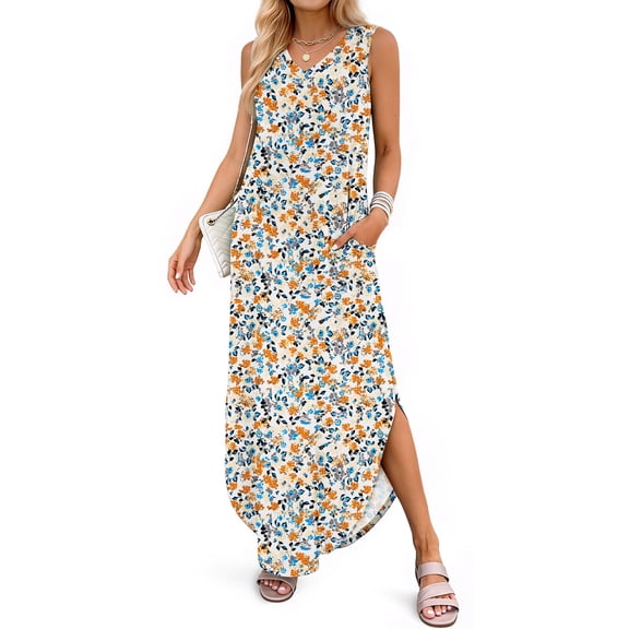 Fantaslook Summer Maxi Dresses for Women V Neck Tank Dress Vacation Beach Floral Sundresses with Pockets