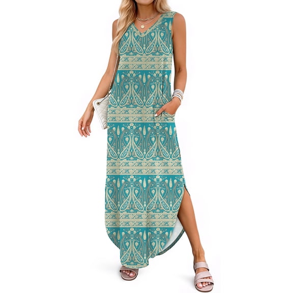 Fantaslook Summer Maxi Dresses for Women V Neck Tank Dress Vacation Beach Floral Sundresses with Pockets