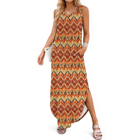 Summer Maxi Dresses for Women V Neck Tank Dress Vacation Beach Floral Sundresses with Pockets