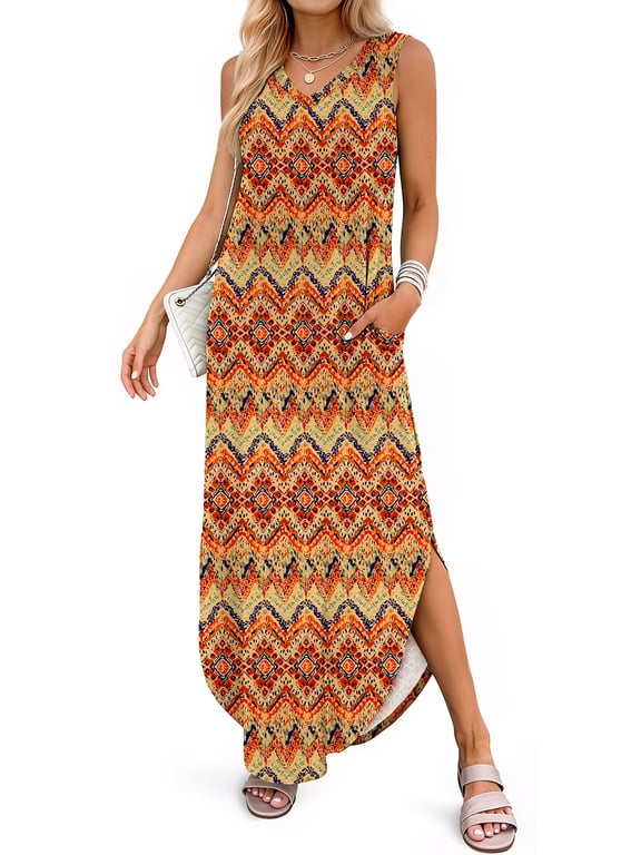 Summer Maxi Dresses for Women V Neck Tank Dress Vacation Beach Floral Sundresses with Pockets