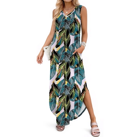 Summer Maxi Dresses for Women V Neck Tank Dress Vacation Beach Floral Sundresses with Pockets