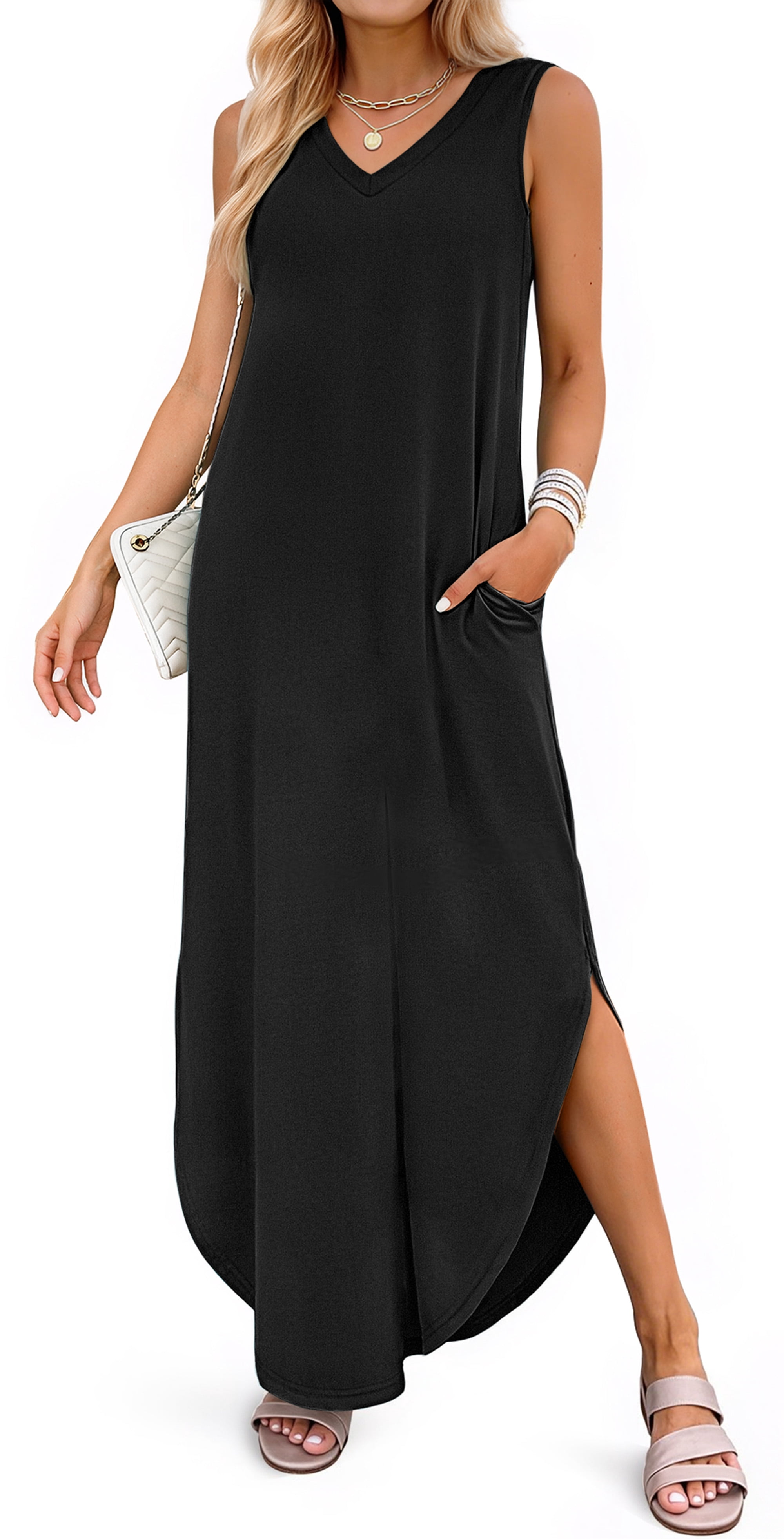 Fantaslook Summer Maxi Dresses for Women V Neck Tank Dress Vacation Beach Floral Sundresses with Pockets
