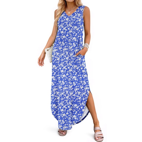 Fantaslook Summer Maxi Dresses for Women V Neck Tank Dress Vacation Beach Floral Sundresses with Pockets