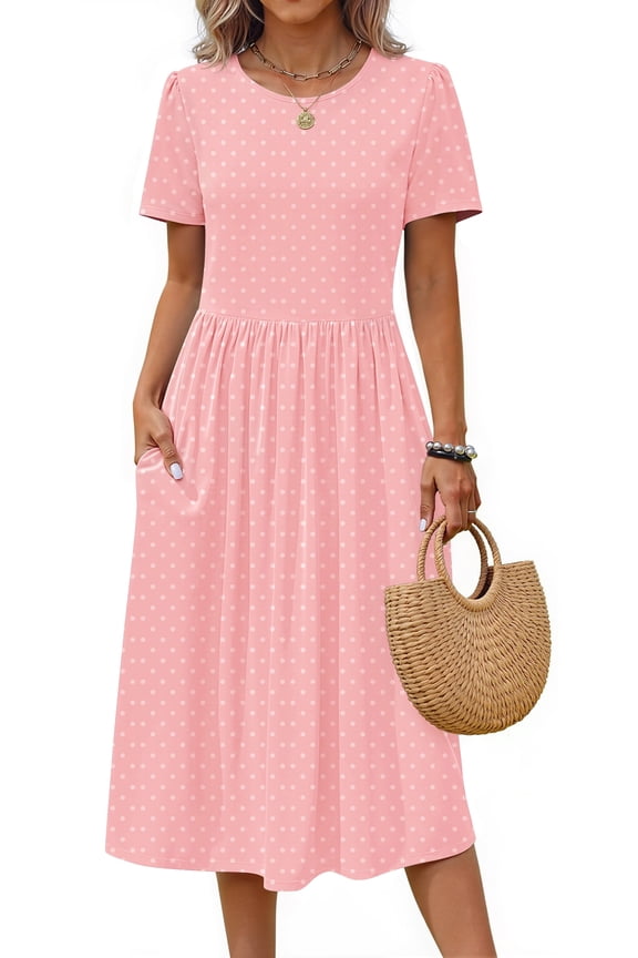 Summer Short Sleeve Midi Dresses for Women Casual Floral T Shirt Dresses Flowy Beach Sundress with Pockets