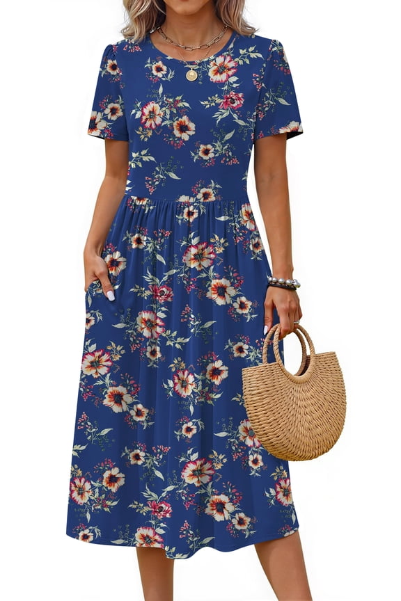 Summer Short Sleeve Midi Dresses for Women Casual Floral T Shirt Dresses Flowy Beach Sundress with Pockets