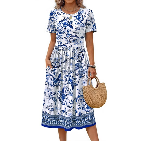 Fantaslook Summer Short Sleeve Midi Dresses for Women Casual Floral T Shirt Dresses Flowy Beach Sundress with Pockets