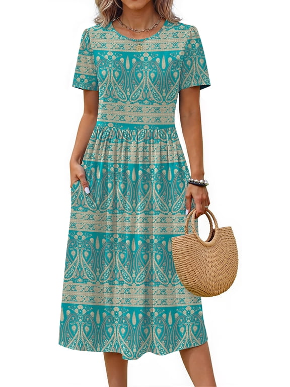 Summer Short Sleeve Midi Dresses for Women Casual Floral T Shirt Dresses Flowy Beach Sundress with Pockets