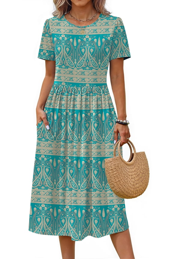 Summer Short Sleeve Midi Dresses for Women Casual Floral T Shirt Dresses Flowy Beach Sundress with Pockets