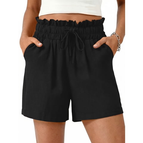 Summer Shorts for Women Cotton Linen Wide Leg High Waisted Shorts Drawstring Casual Beach Shorts with Pockets