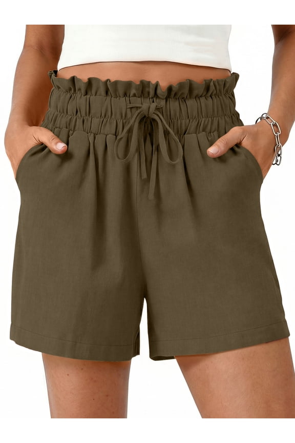 Summer Shorts for Women Cotton Linen Wide Leg High Waisted Shorts Drawstring Casual Beach Shorts with Pockets