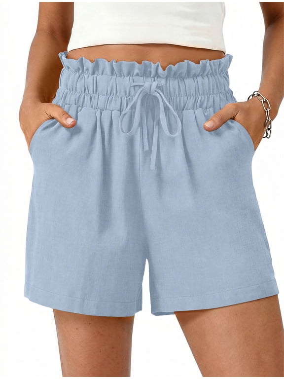 Summer Shorts for Women Cotton Linen Wide Leg High Waisted Shorts Drawstring Casual Beach Shorts with Pockets